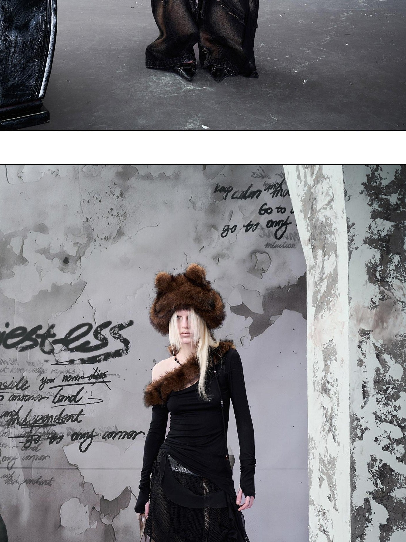 NORTH NODE Ruched Fur Collar Asymmetrical Shoulder Women&