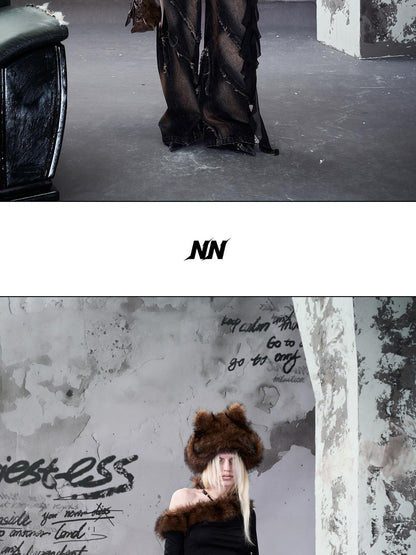 NORTH NODE Ruched Fur Collar Asymmetrical Shoulder Women&