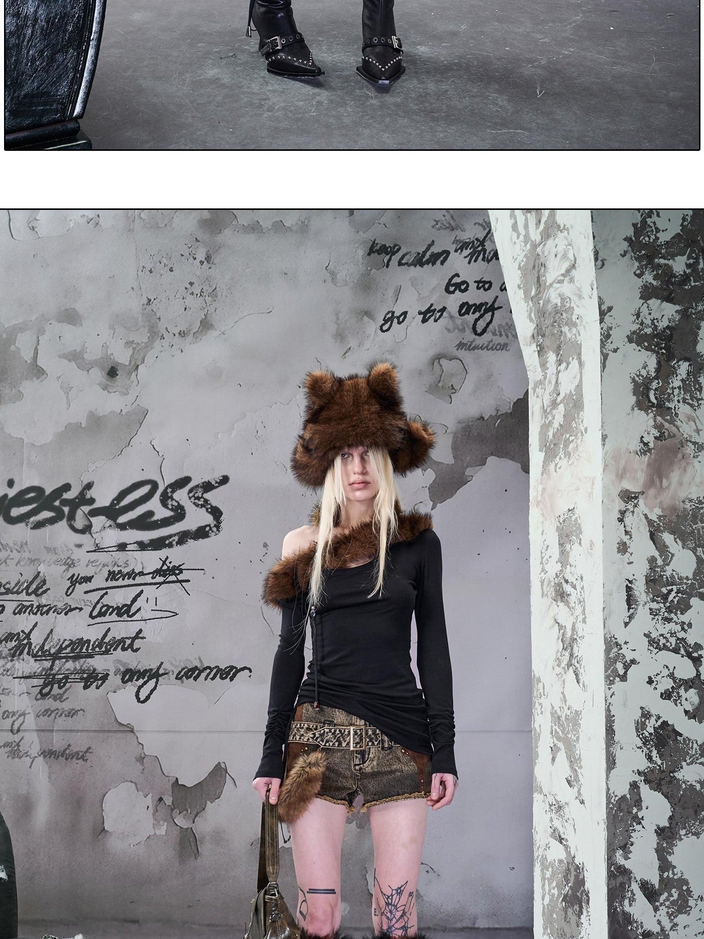 NORTH NODE Ruched Fur Collar Asymmetrical Shoulder Women&