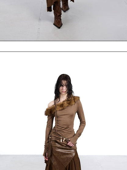 NORTH NODE Ruched Fur Collar Asymmetrical Shoulder Women&
