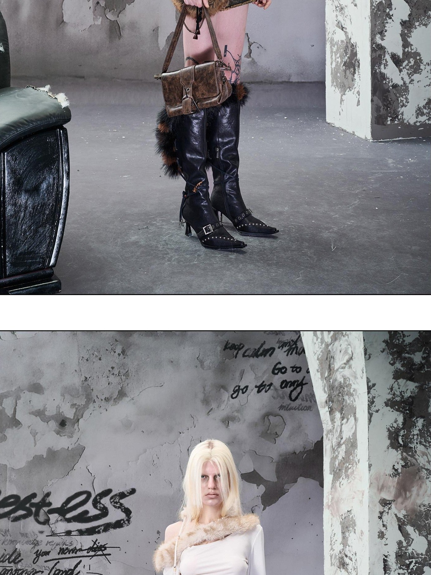 NORTH NODE Ruched Fur Collar Asymmetrical Shoulder Women&