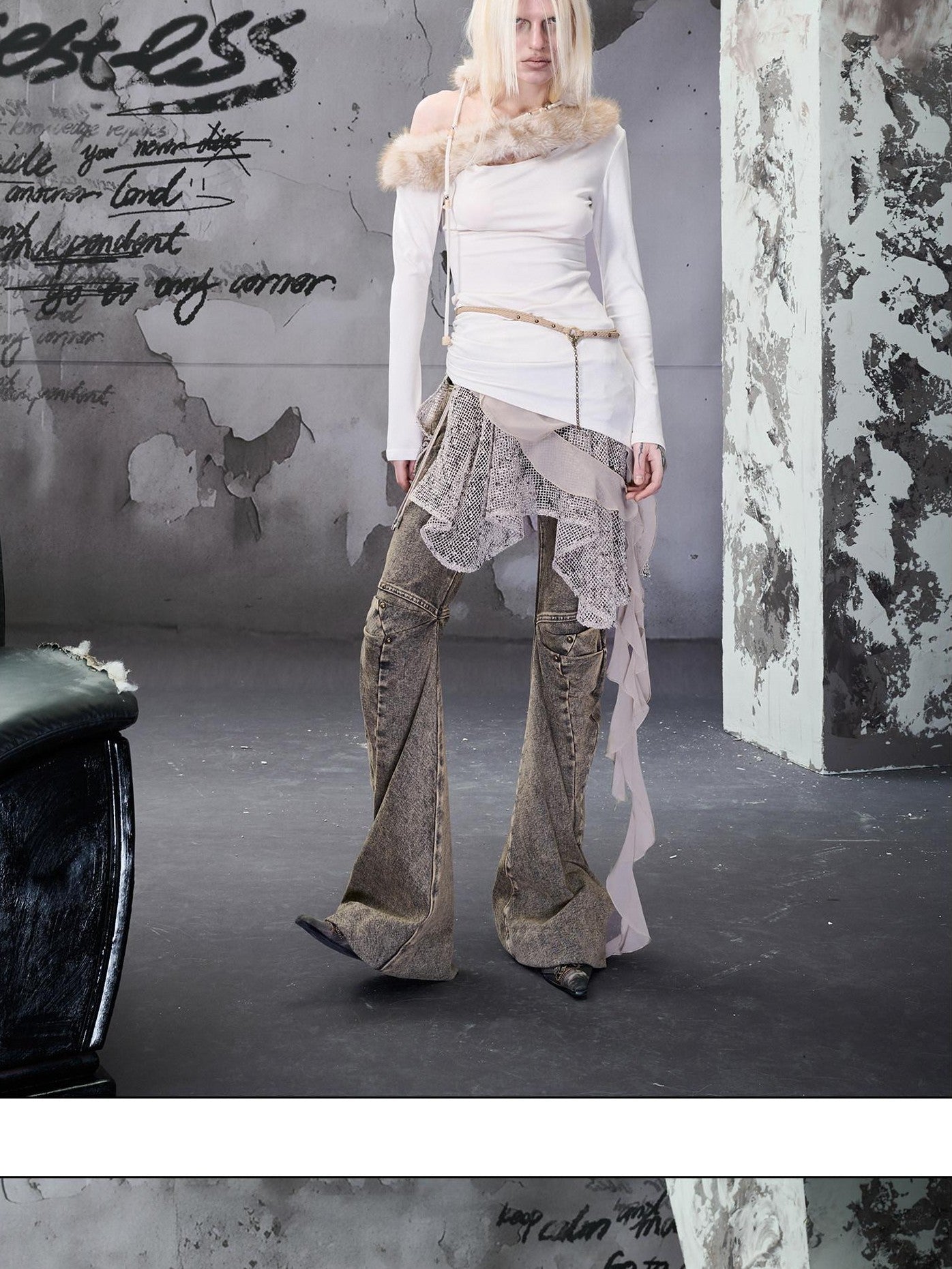 NORTH NODE Ruched Fur Collar Asymmetrical Shoulder Women&