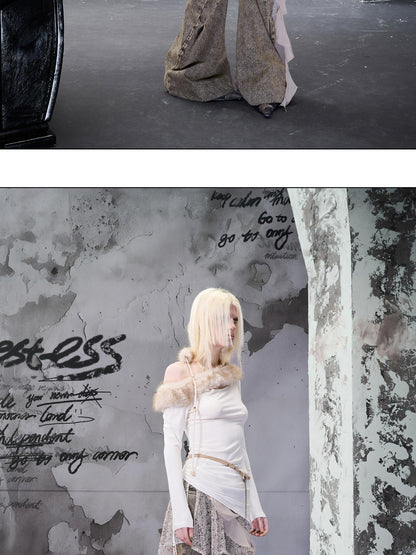 NORTH NODE Ruched Fur Collar Asymmetrical Shoulder Women&