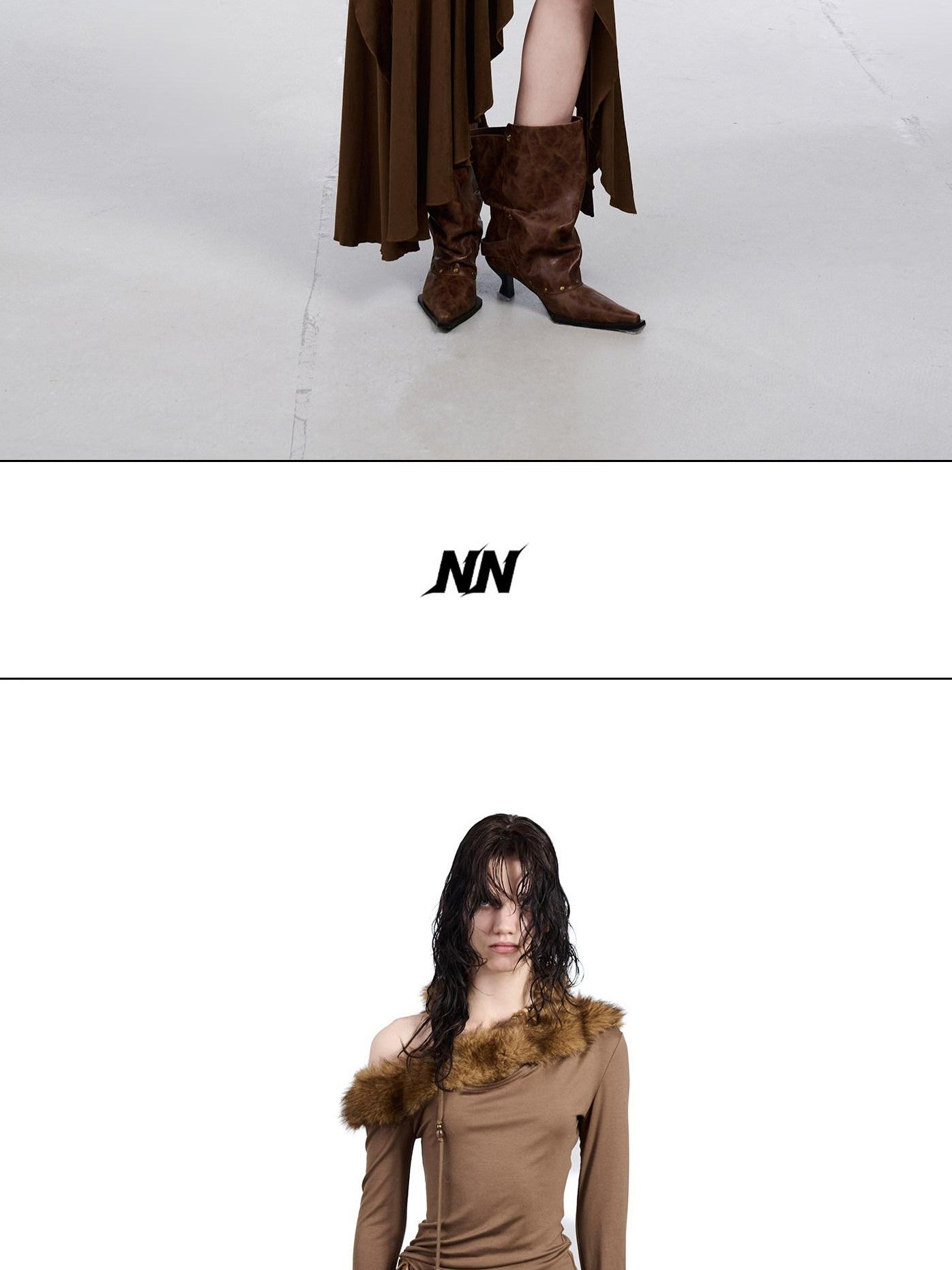 NORTH NODE Ruched Fur Collar Asymmetrical Shoulder Women&