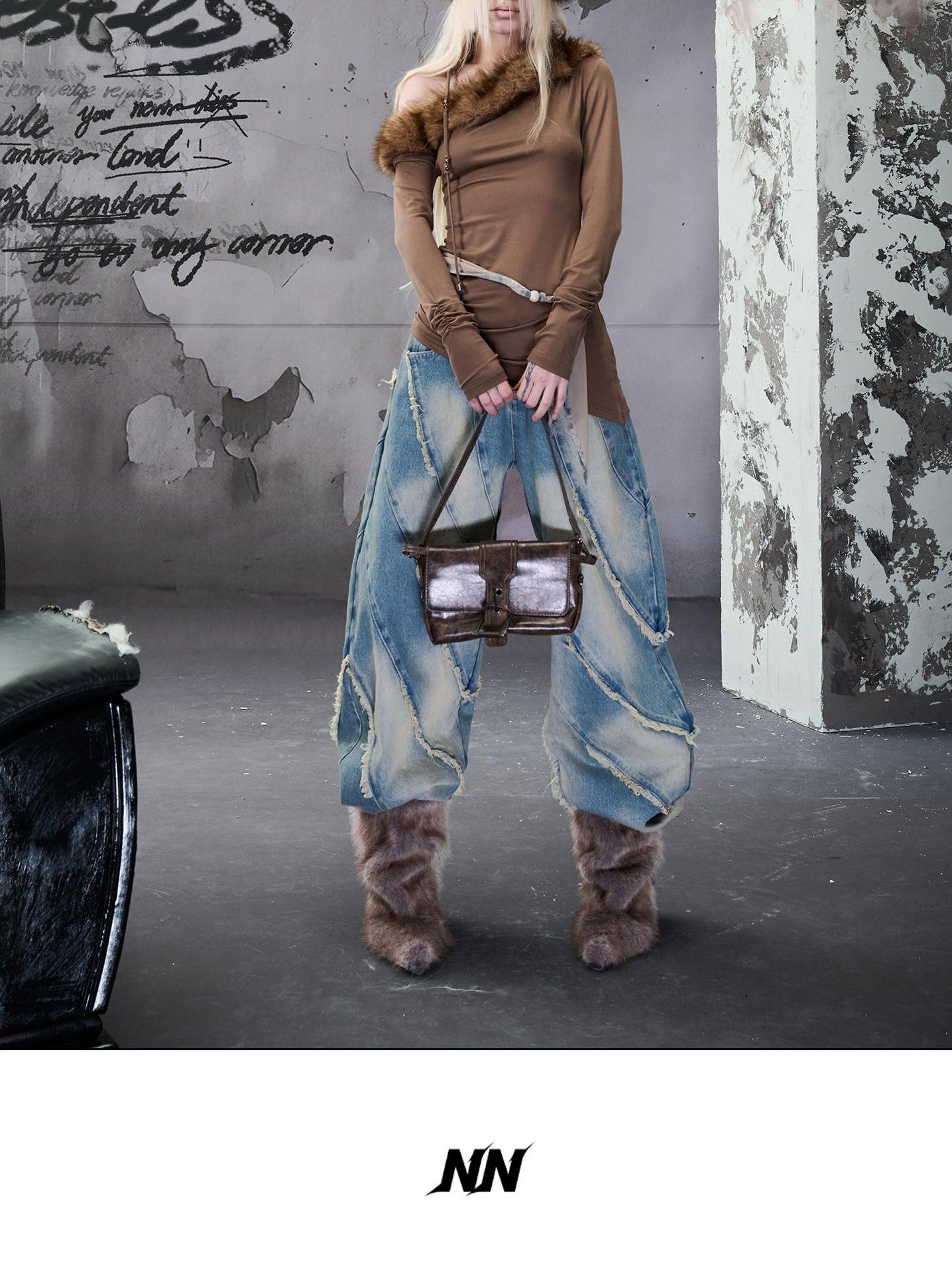 NORTH NODE Ruched Fur Collar Asymmetrical Shoulder Women&