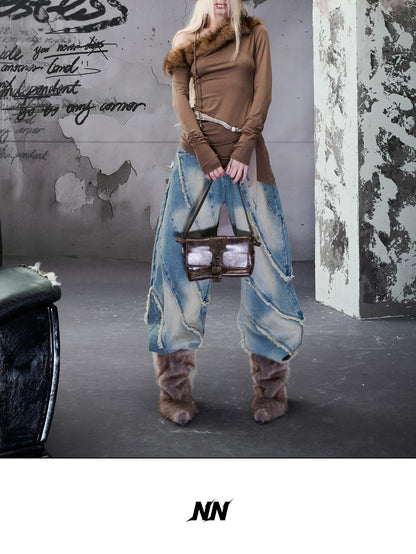 NORTH NODE Ruched Fur Collar Asymmetrical Shoulder Women&