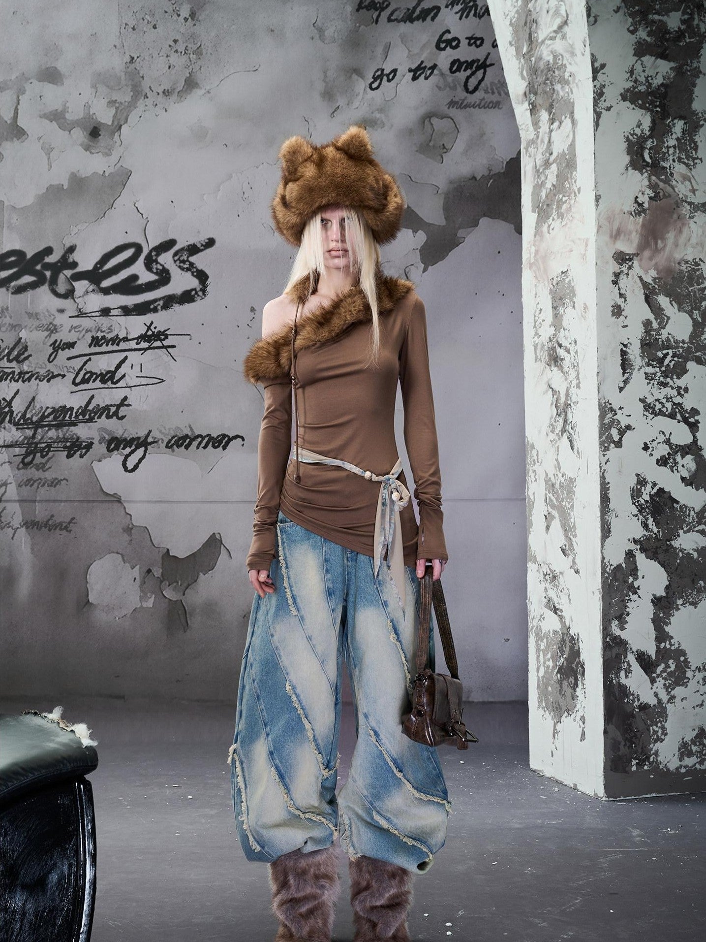 NORTH NODE Ruched Fur Collar Asymmetrical Shoulder Women&