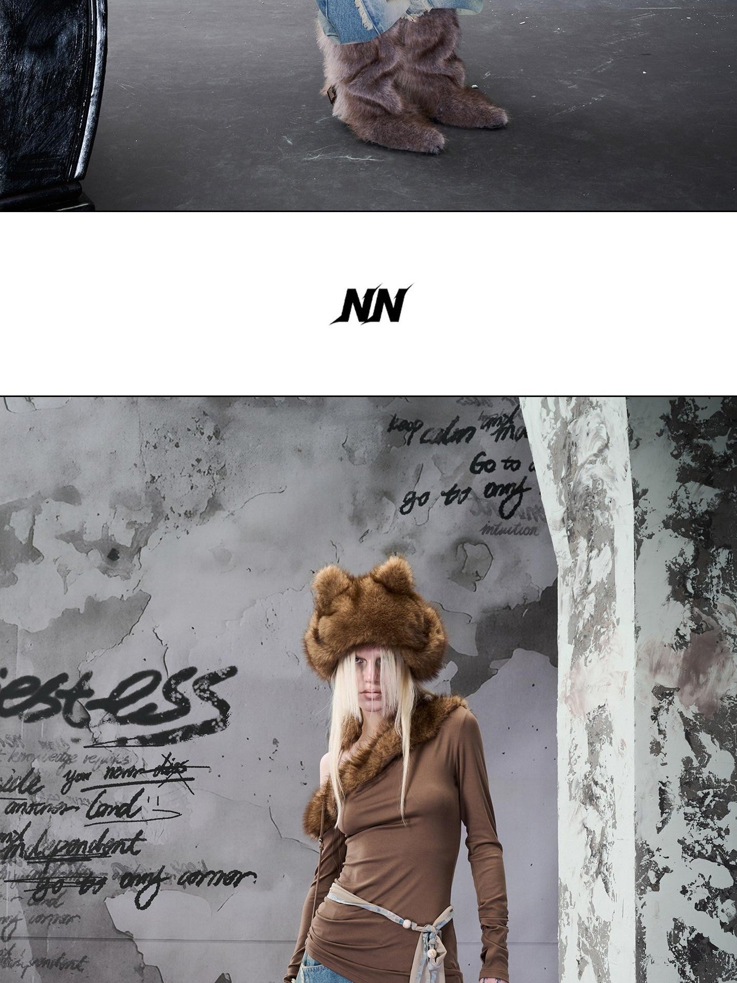 NORTH NODE Ruched Fur Collar Asymmetrical Shoulder Women&