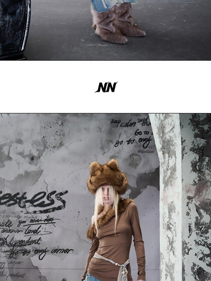 NORTH NODE Ruched Fur Collar Asymmetrical Shoulder Women&