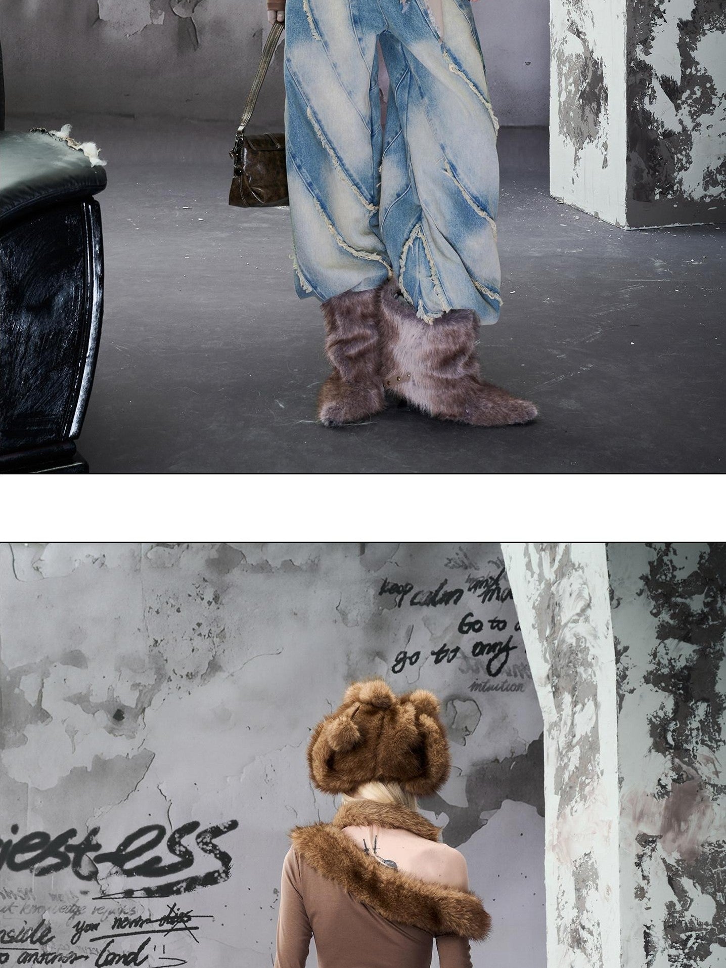 NORTH NODE Ruched Fur Collar Asymmetrical Shoulder Women&