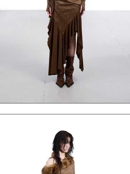 NORTH NODE Ruched Fur Collar Asymmetrical Shoulder Women&