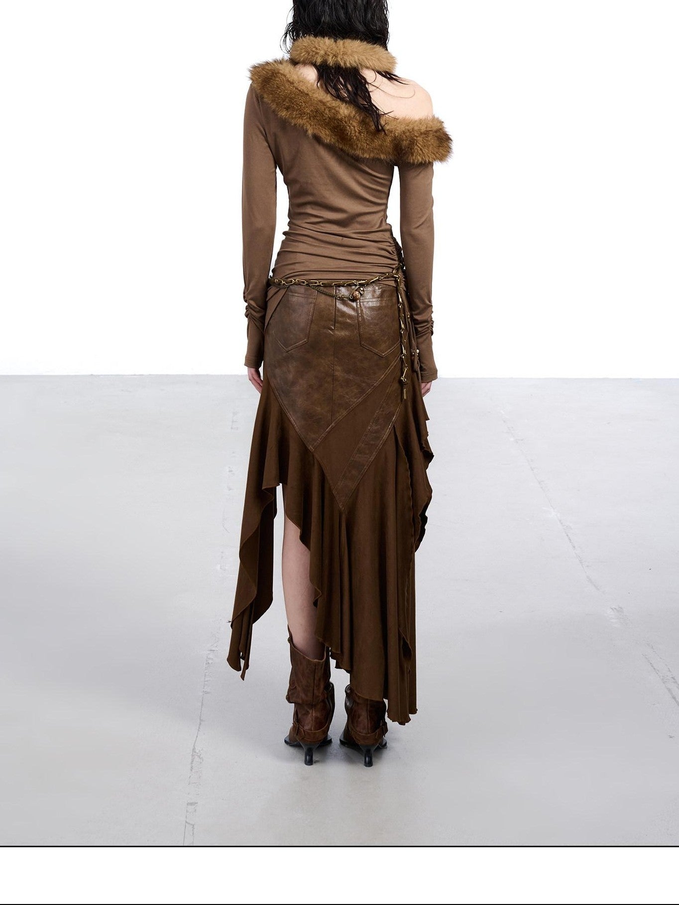 NORTH NODE Ruched Fur Collar Asymmetrical Shoulder Women&