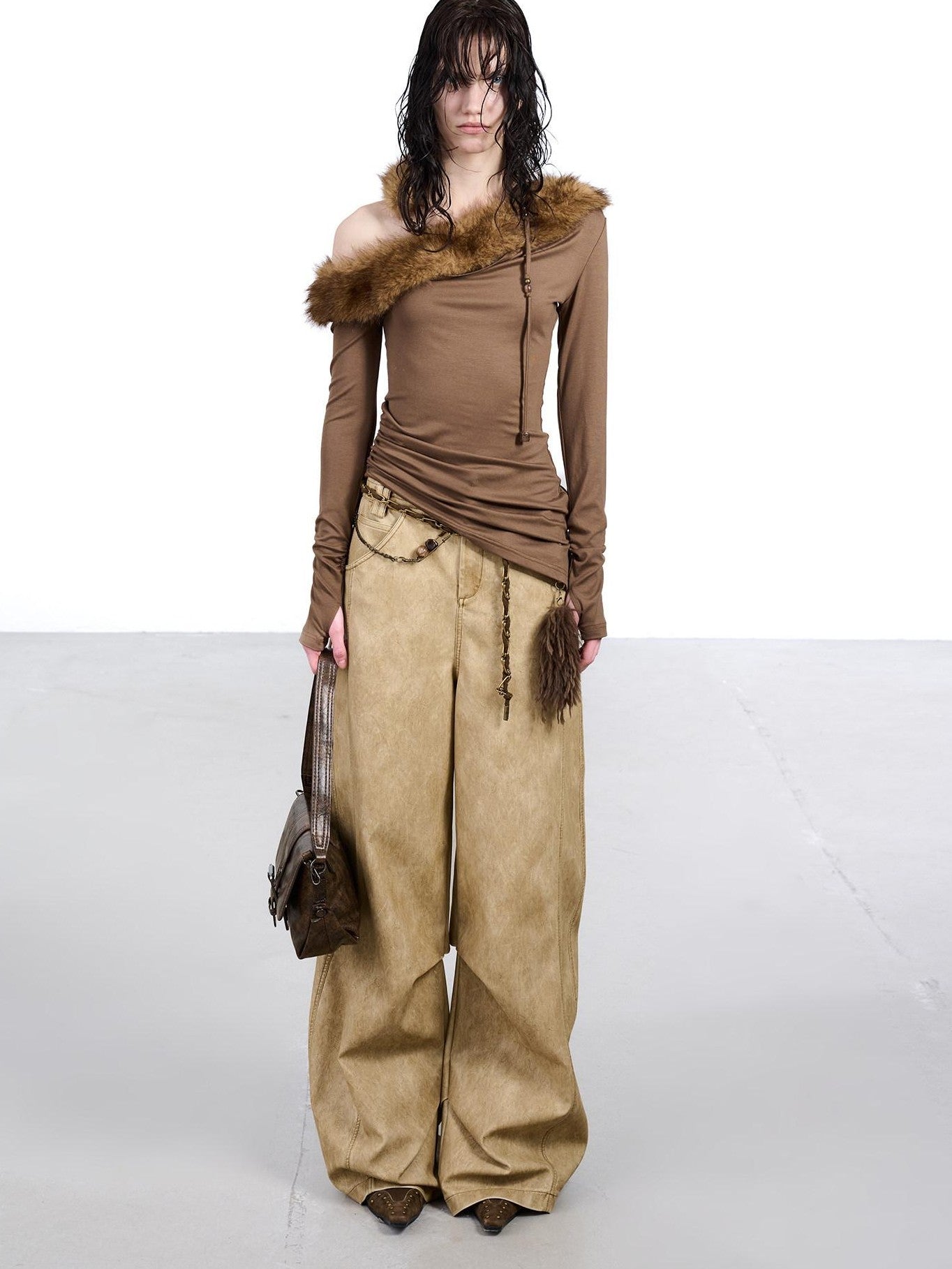 NORTH NODE Ruched Fur Collar Asymmetrical Shoulder Women&
