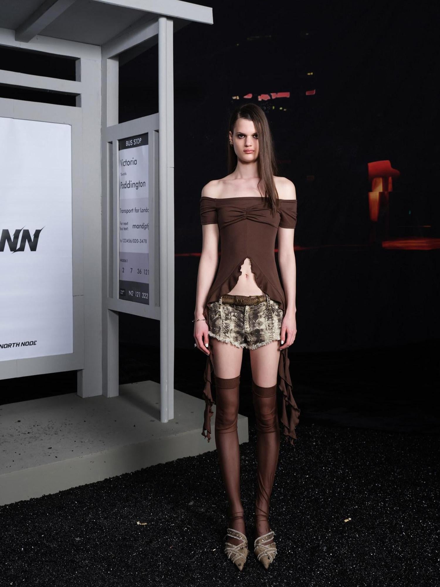 NORTH NODE Ruffle Lettuce Edge One Shoulder Slim Fit Women&