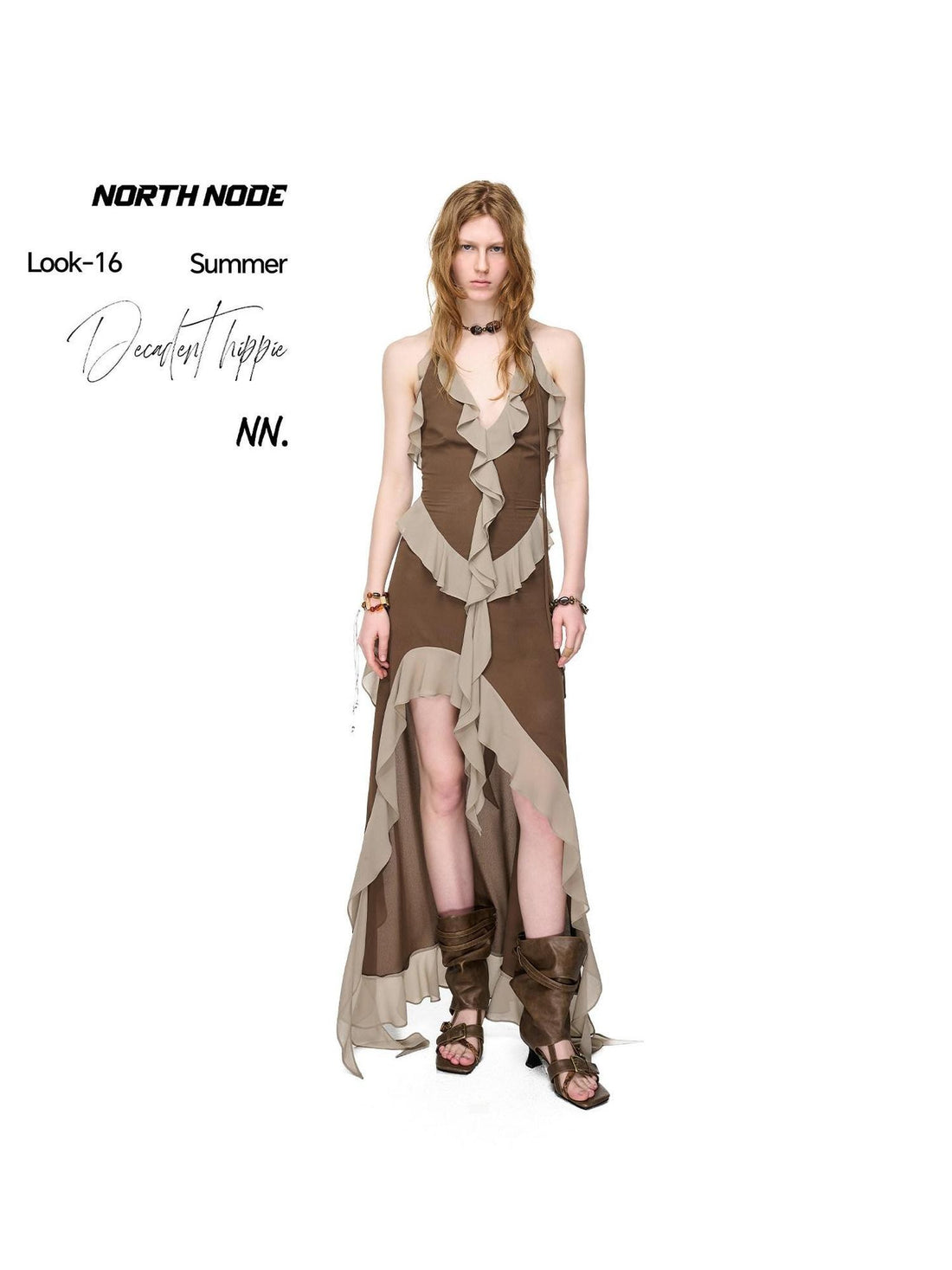 NORTH NODE Ruffled Asymmetric Spliced V-neck Women&