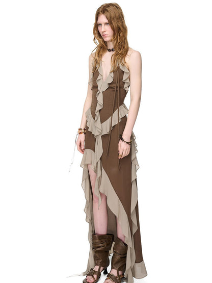NORTH NODE Ruffled Asymmetric Spliced V-neck Women&