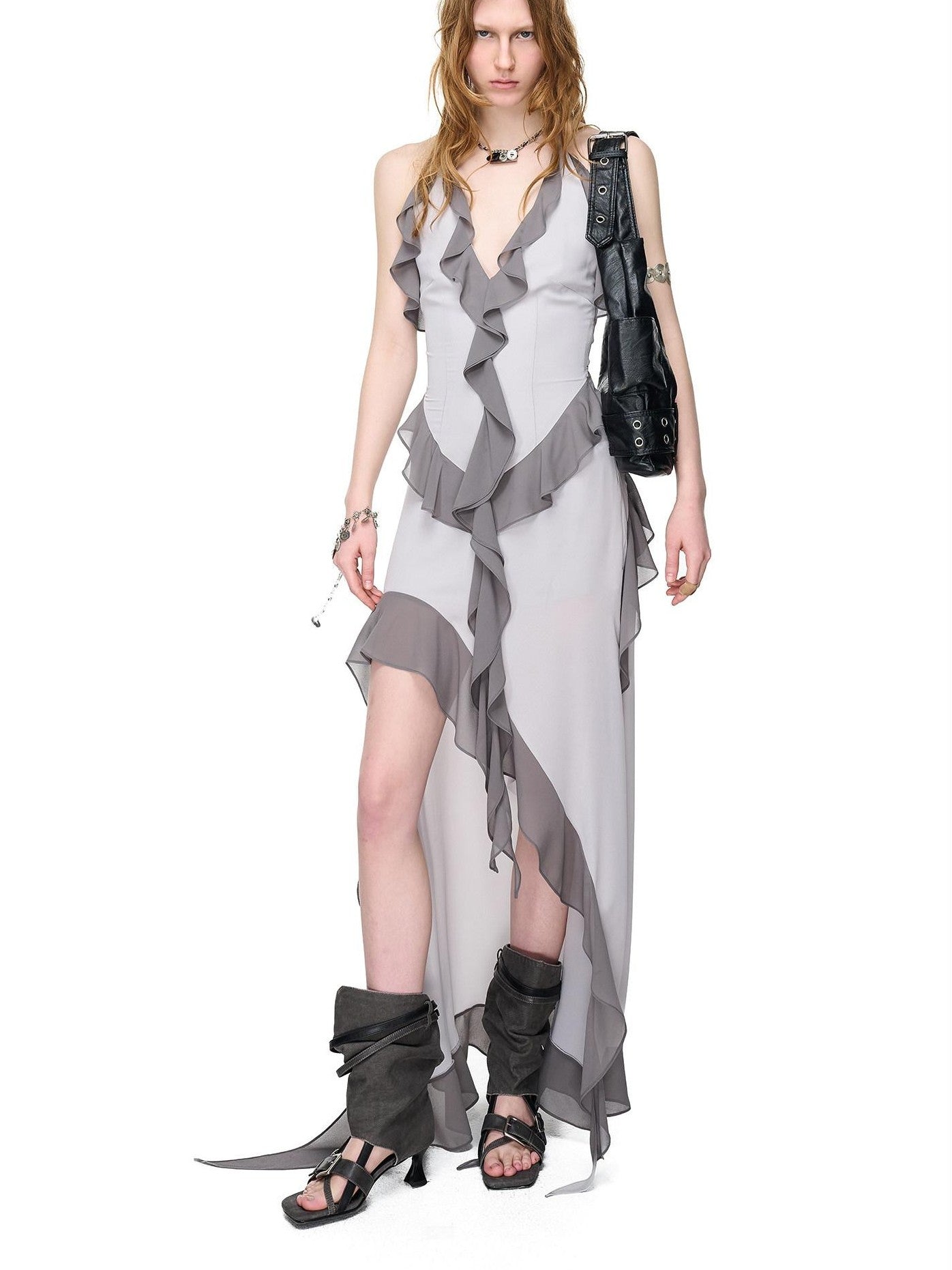 NORTH NODE Ruffled Asymmetric Spliced V-neck Women&