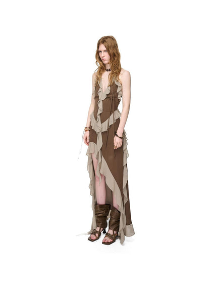 NORTH NODE Ruffled Asymmetric Spliced V-neck Women&