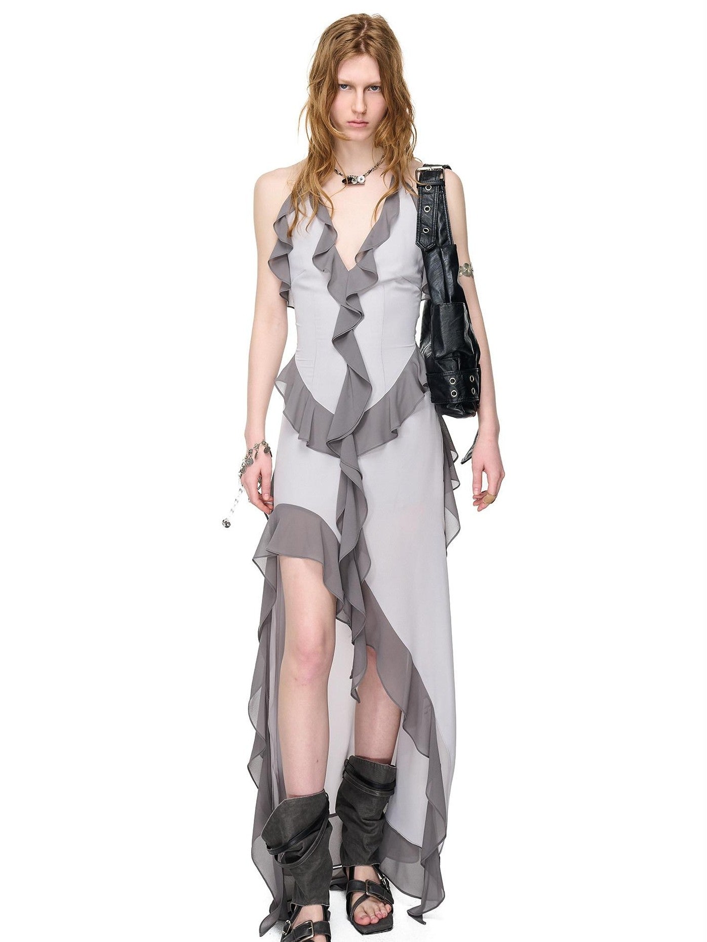 NORTH NODE Ruffled Asymmetric Spliced V-neck Women&