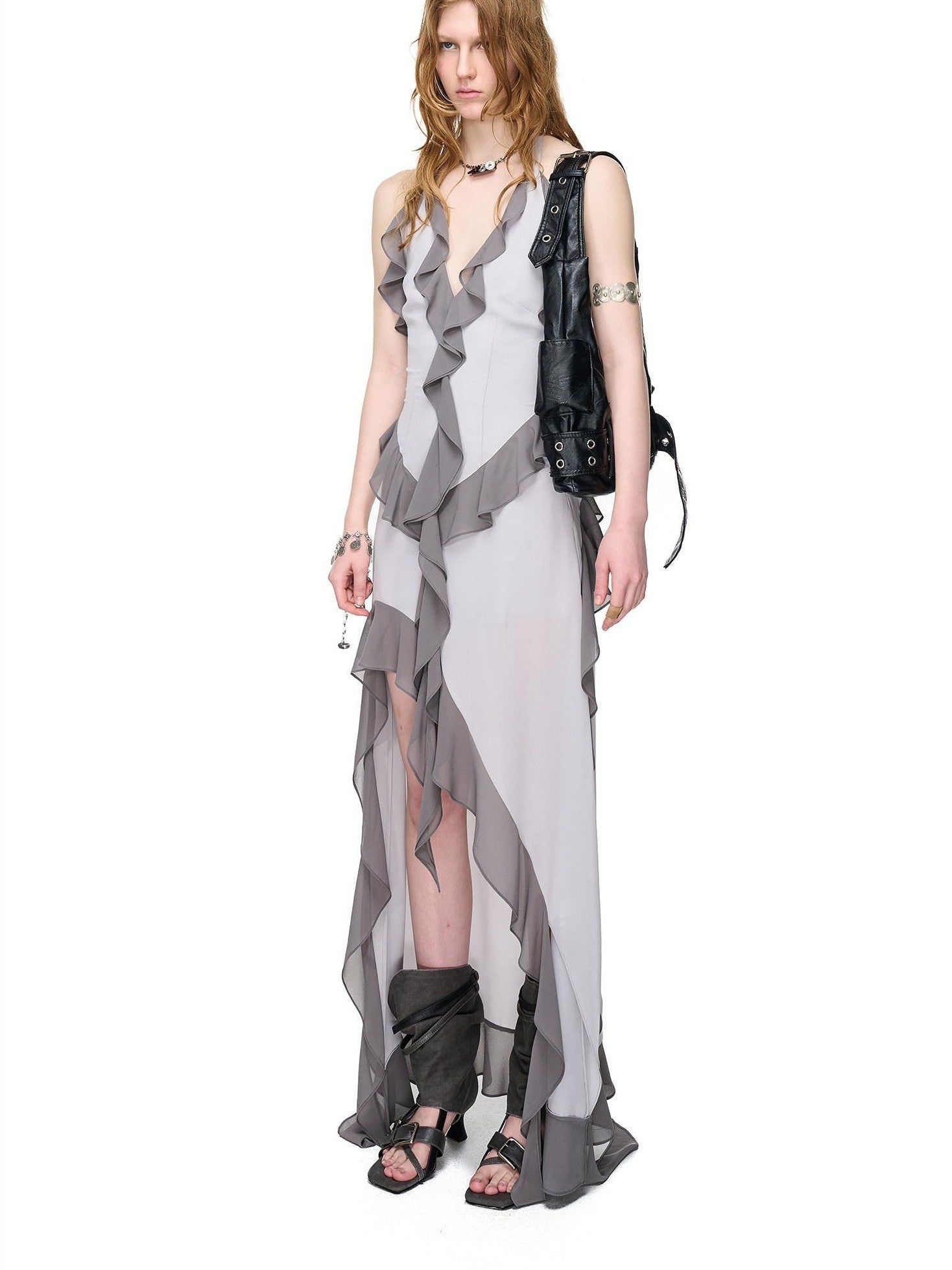 NORTH NODE Ruffled Asymmetric Spliced V-neck Women&