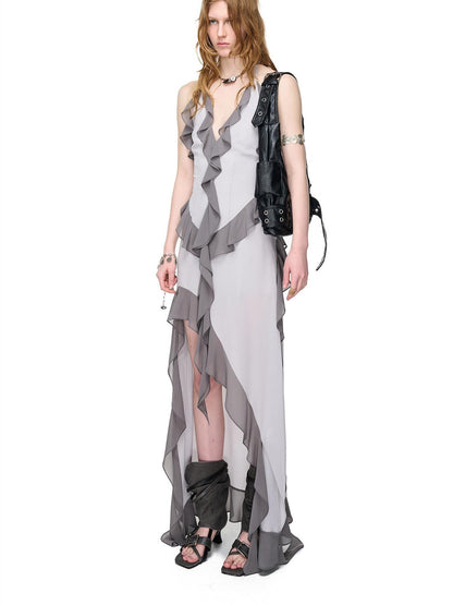 NORTH NODE Ruffled Asymmetric Spliced V-neck Women&