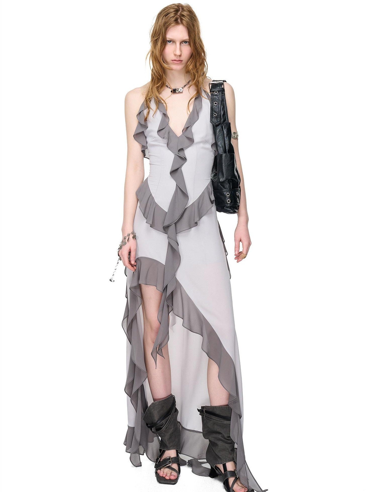 NORTH NODE Ruffled Asymmetric Spliced V-neck Women&