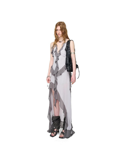 NORTH NODE Ruffled Asymmetric Spliced V-neck Women&
