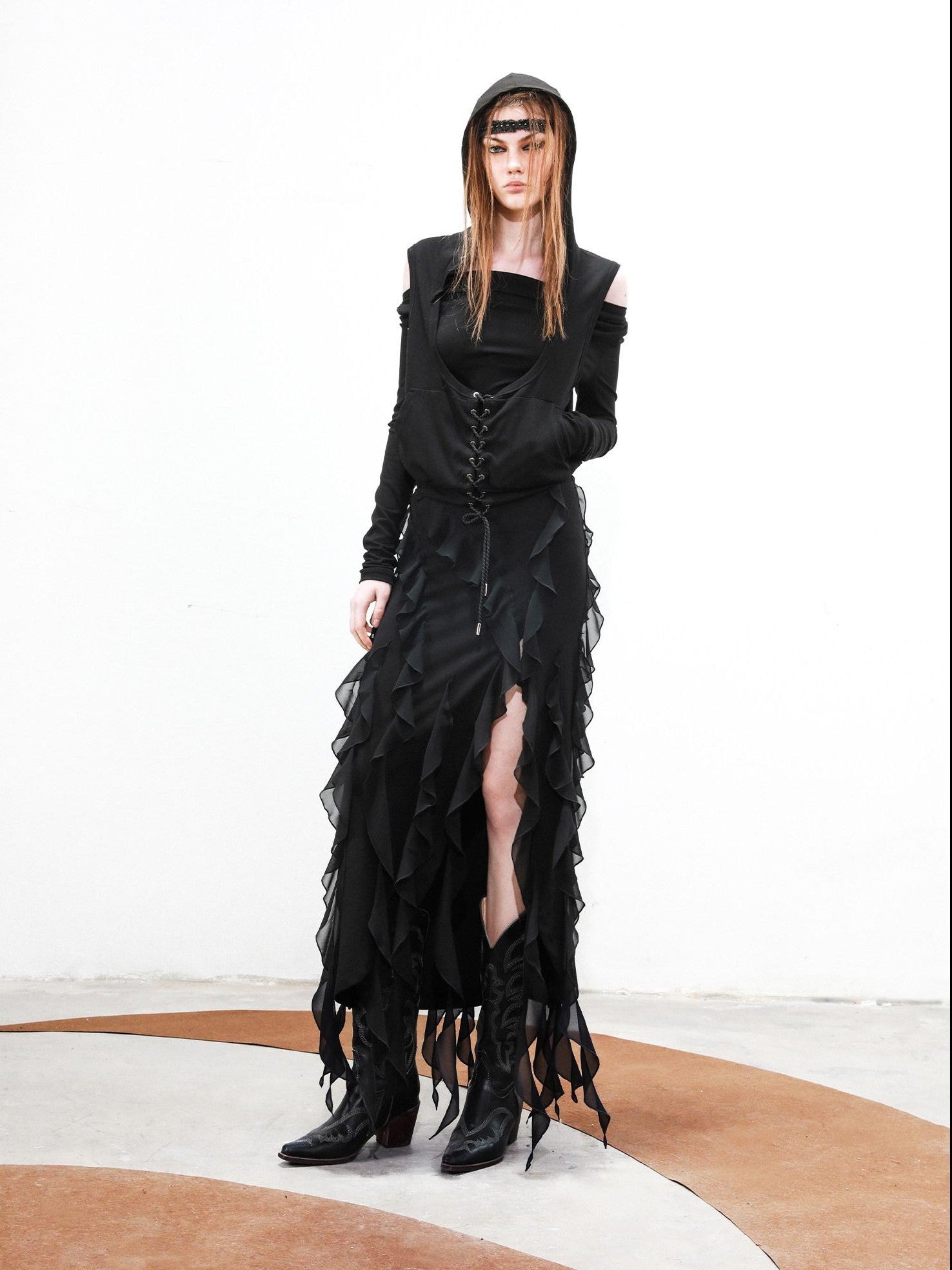 NORTH NODE Ruffled Hem Detachable Vest Two Piece Women&