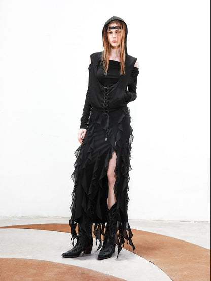 NORTH NODE Ruffled Hem Detachable Vest Two Piece Women&