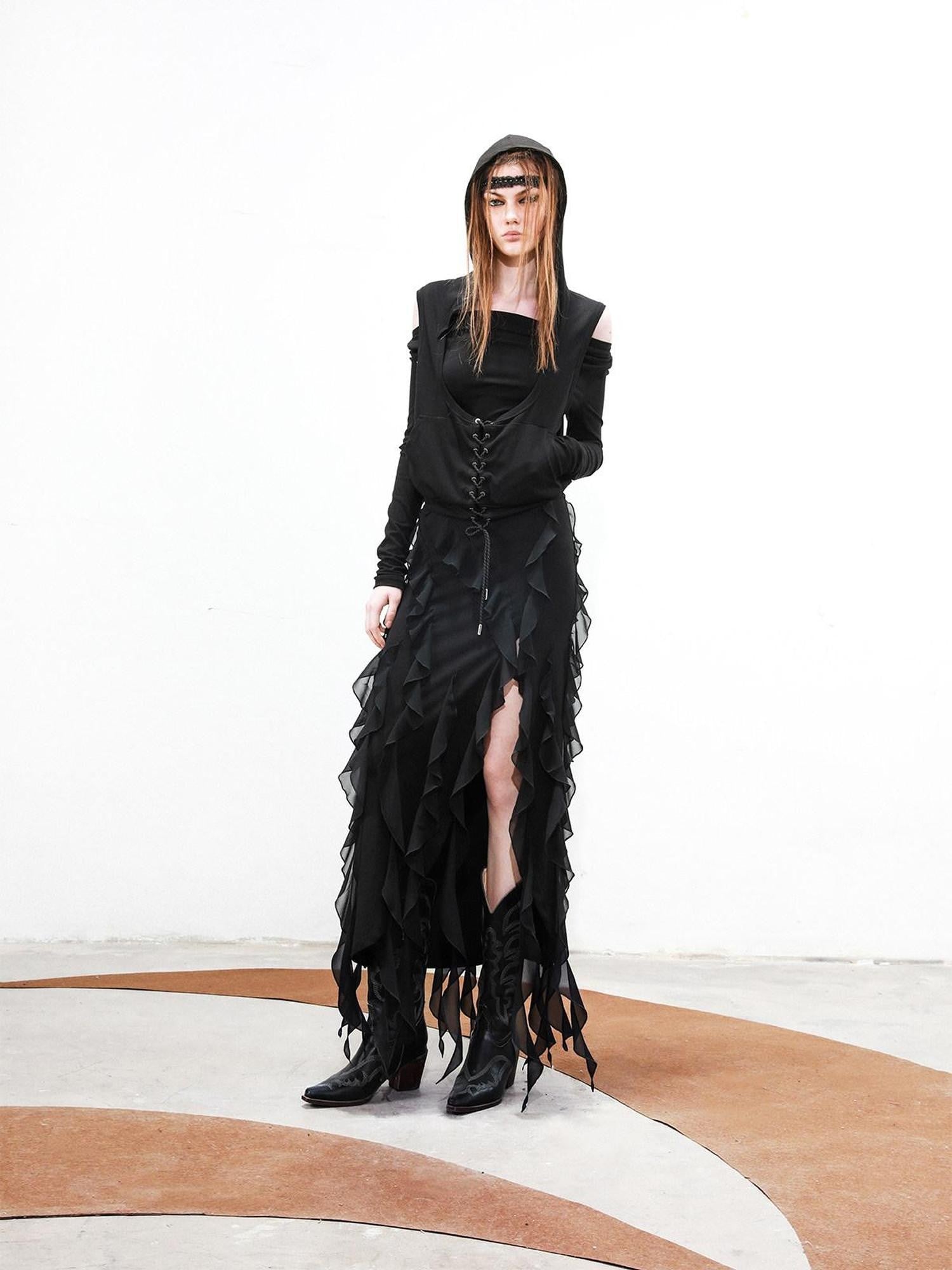 NORTH NODE Ruffled Hem Detachable Vest Two Piece Women&