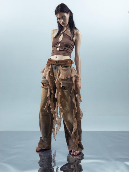 NORTH NODE Ruffled Patchwork Peplum Mid Waist Women&