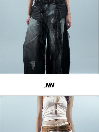 NORTH NODE Ruffled Patchwork Peplum Mid Waist Women&