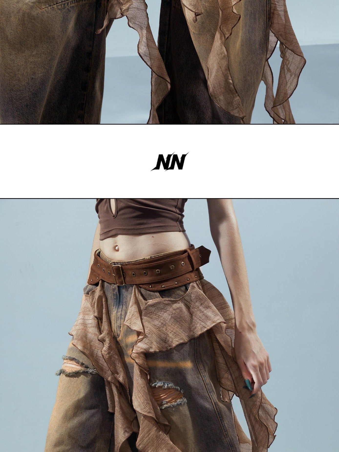 NORTH NODE Ruffled Patchwork Peplum Mid Waist Women&