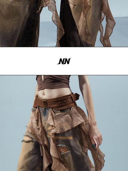 NORTH NODE Ruffled Patchwork Peplum Mid Waist Women&