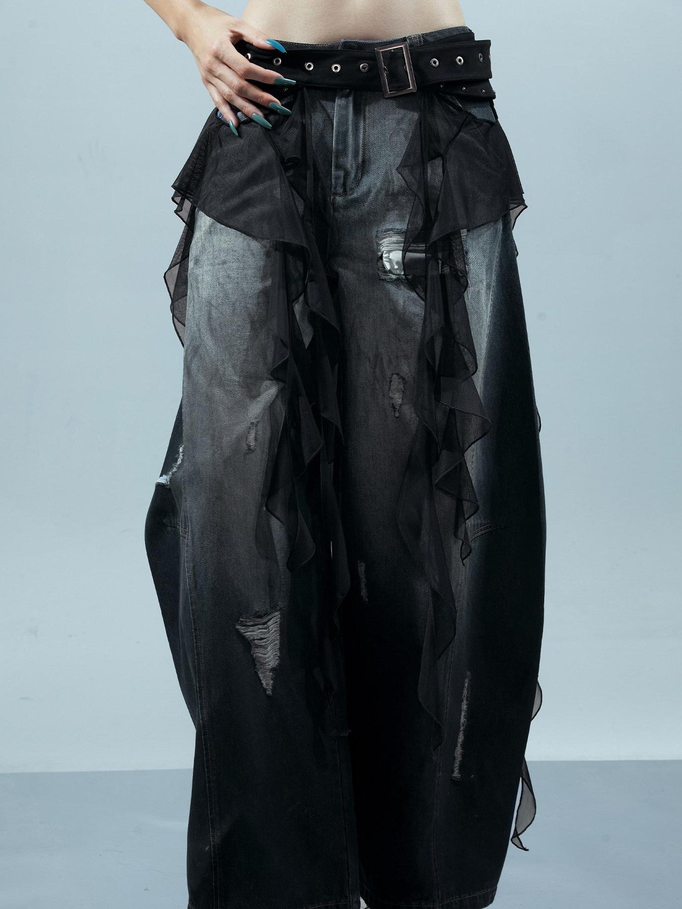 NORTH NODE Ruffled Patchwork Peplum Mid Waist Women&