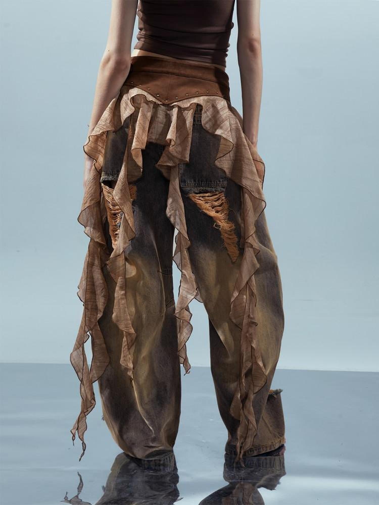 NORTH NODE Ruffled Patchwork Peplum Mid Waist Women&