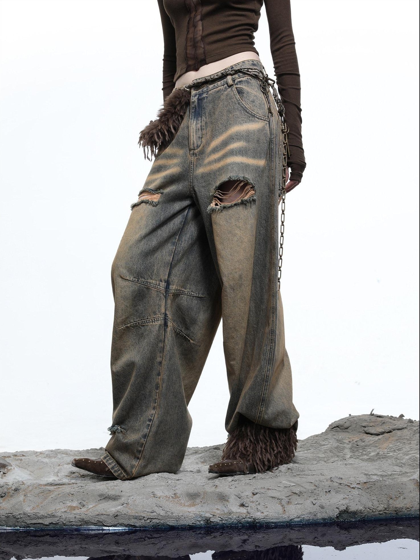 NORTH NODE Sculpted Washed Distressed Curved Cut Women&