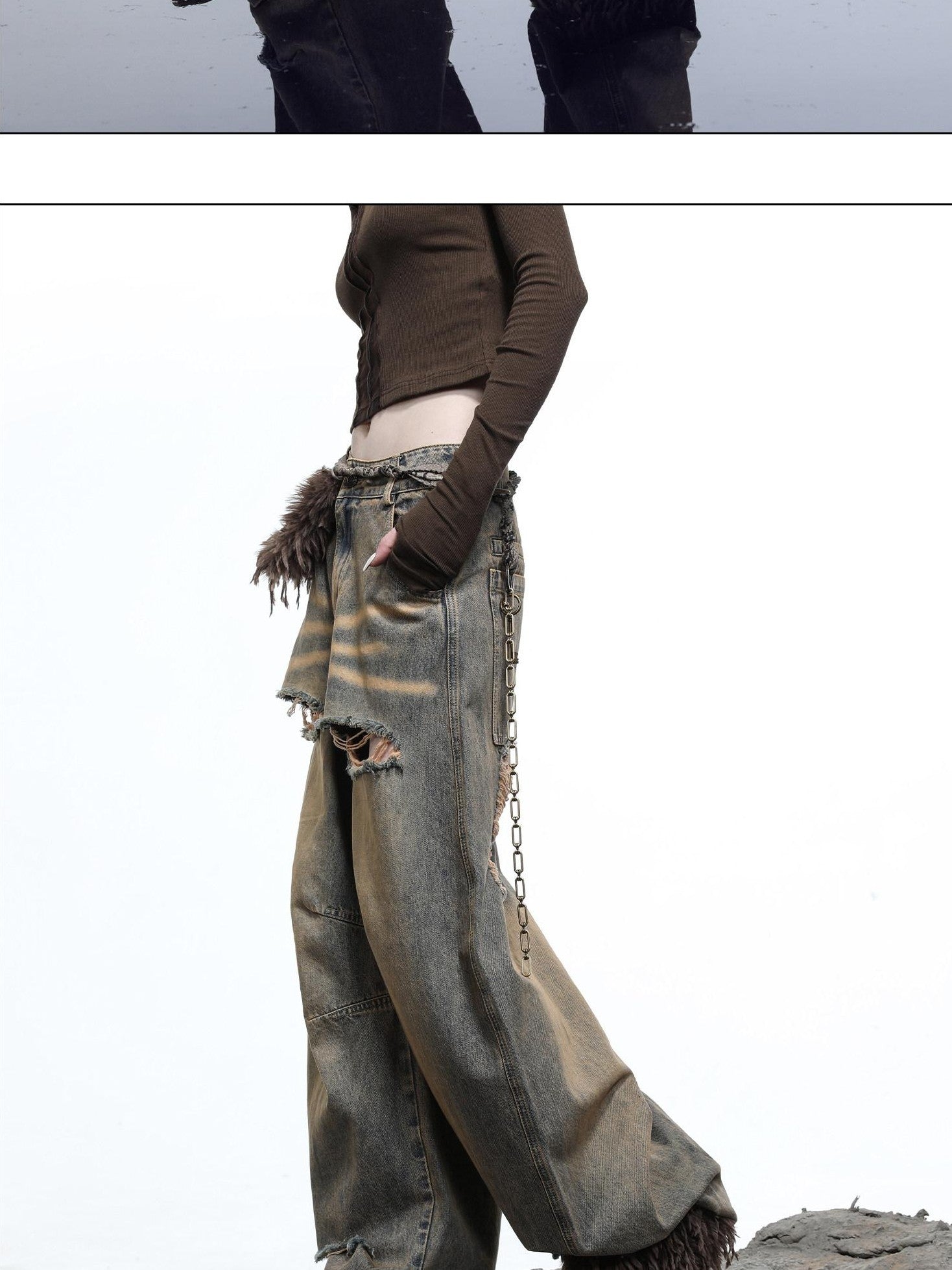 NORTH NODE Sculpted Washed Distressed Curved Cut Women&