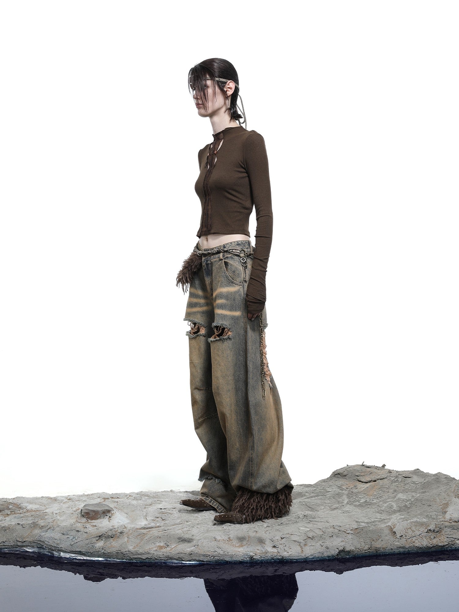 NORTH NODE Sculpted Washed Distressed Curved Cut Women&
