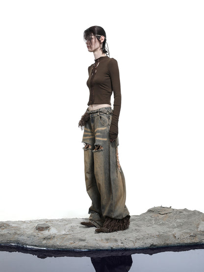 NORTH NODE Sculpted Washed Distressed Curved Cut Women&