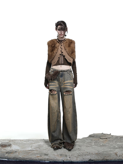 NORTH NODE Shaggy Knitted Patchwork Layered Women&