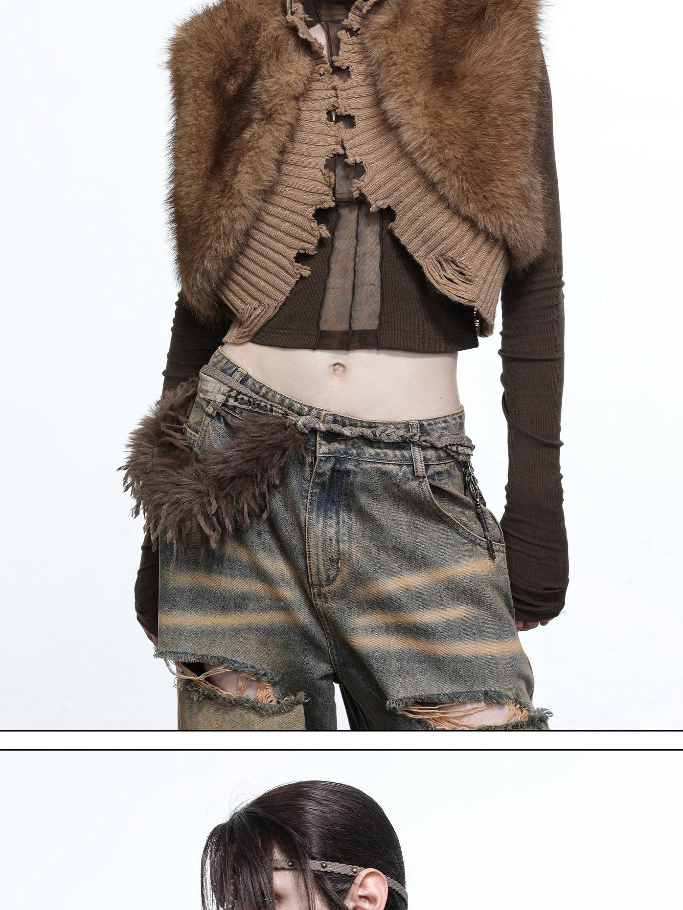 NORTH NODE Shaggy Knitted Patchwork Layered Women&