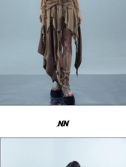 NORTH NODE Sheer Layered Patchwork Asymmetric Women&