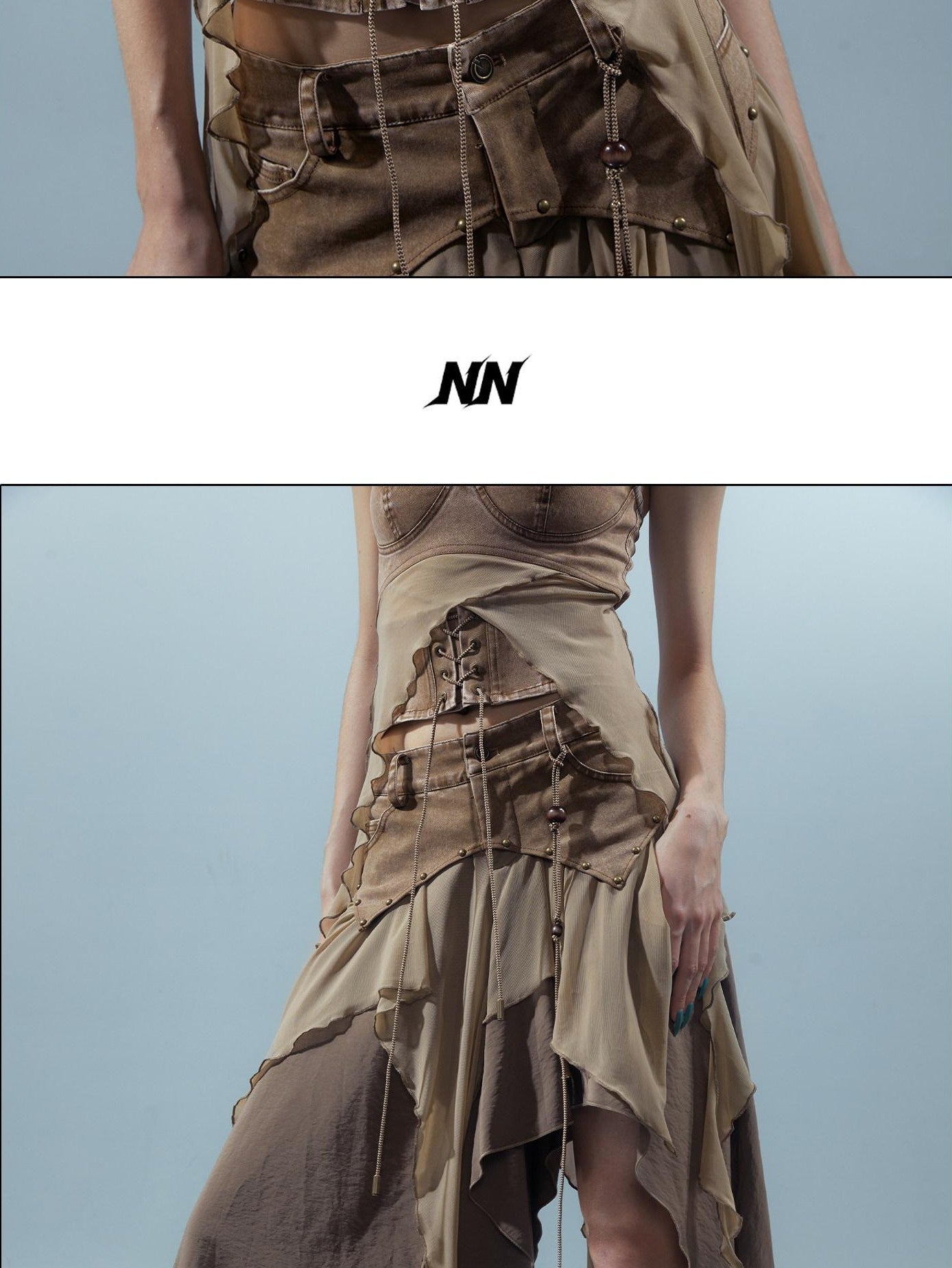 NORTH NODE Sheer Layered Patchwork Asymmetric Women&