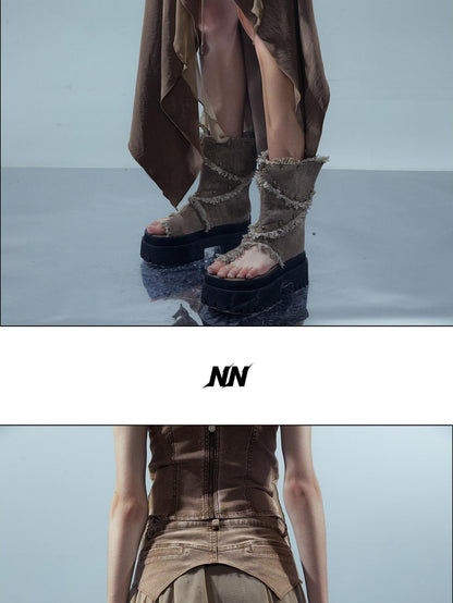 NORTH NODE Sheer Layered Patchwork Asymmetric Women&
