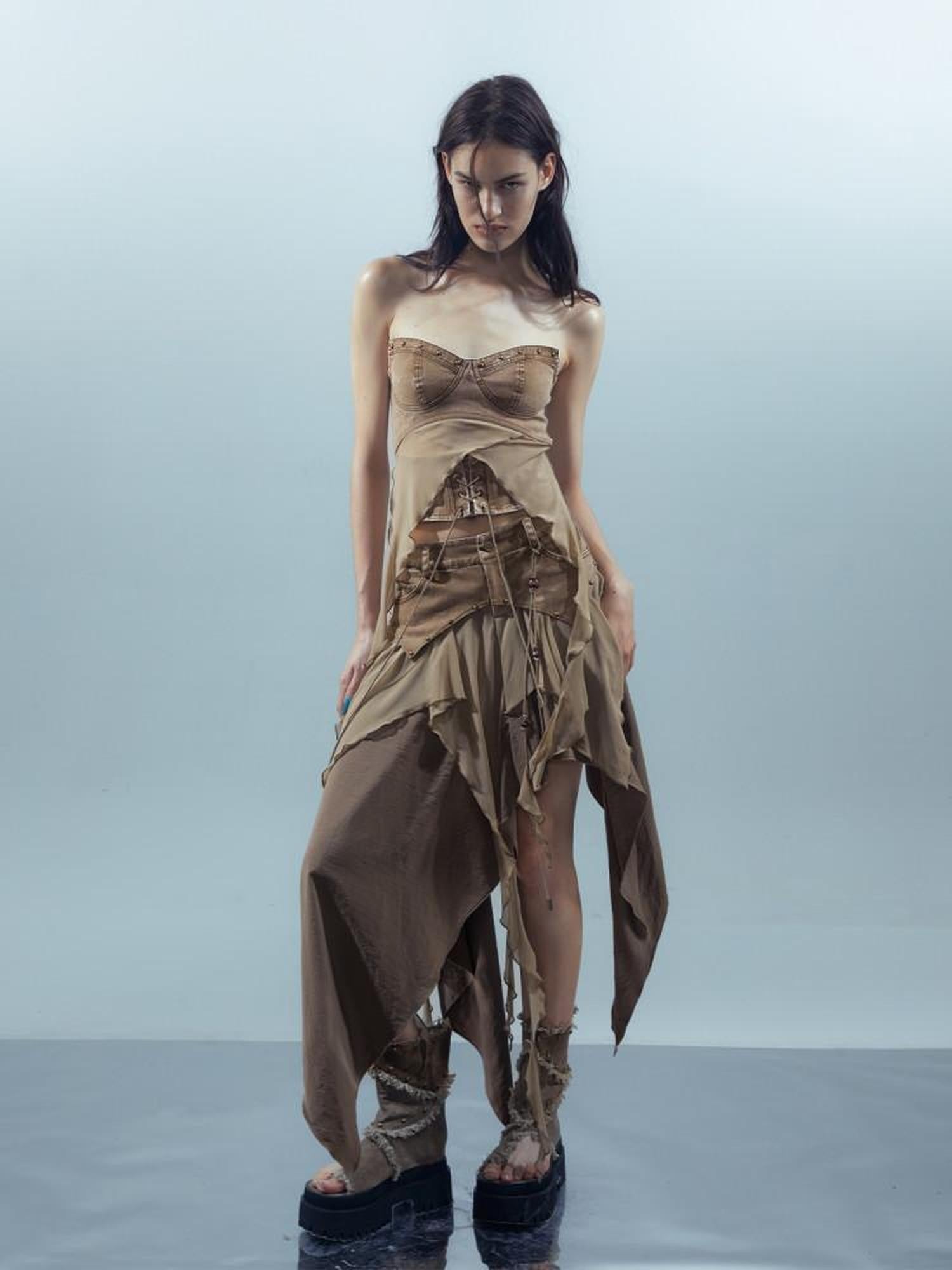 NORTH NODE Sheer Layered Patchwork Asymmetric Women&