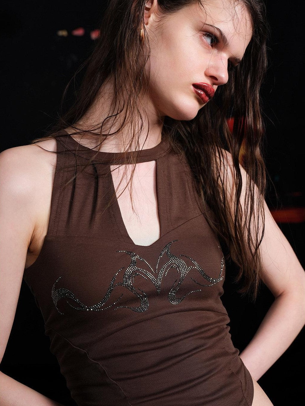 NORTH NODE Sheer Mesh Panel Hotfix Rhinestone Halter Neck Women&