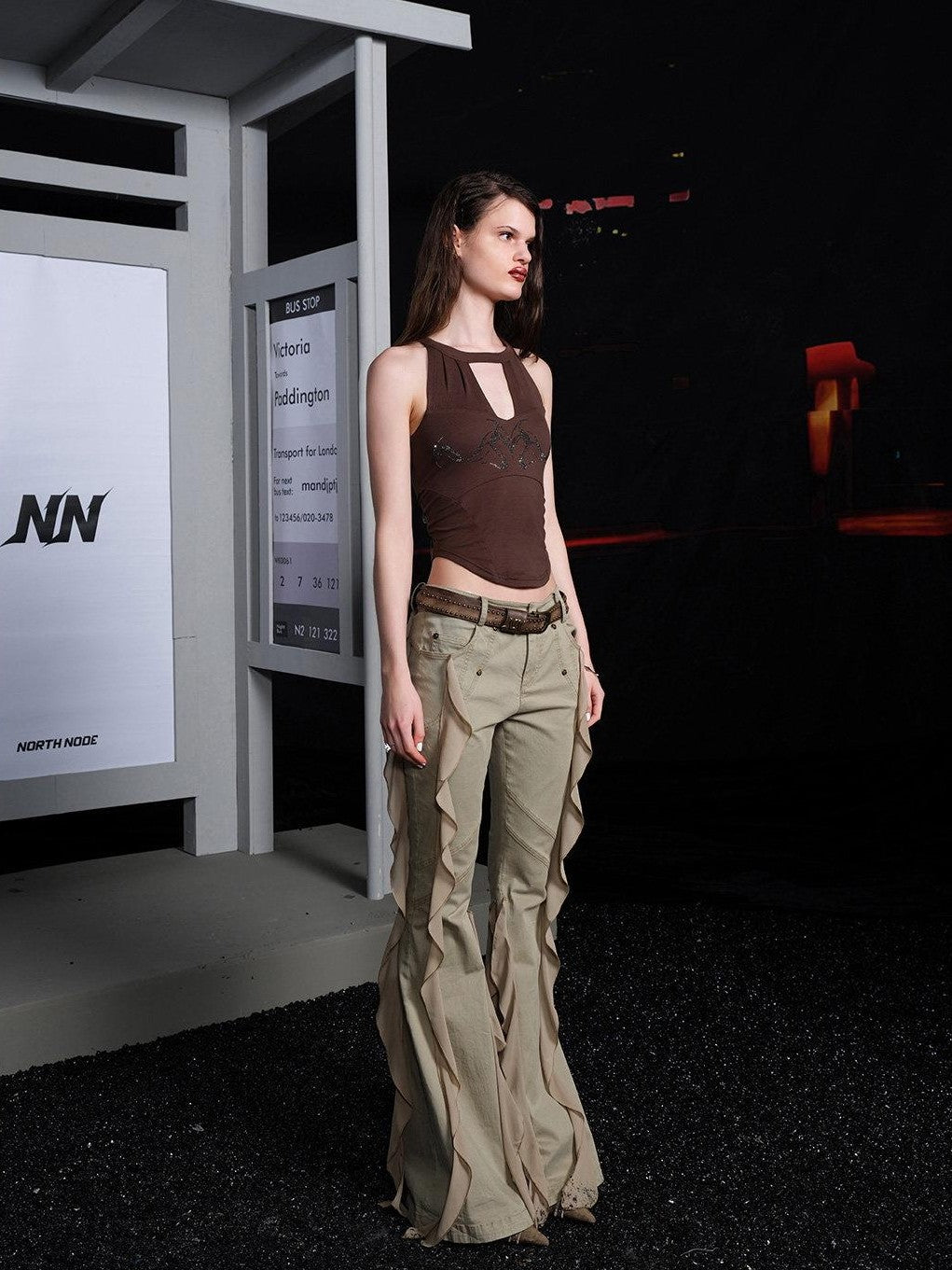 NORTH NODE Sheer Mesh Panel Hotfix Rhinestone Halter Neck Women&