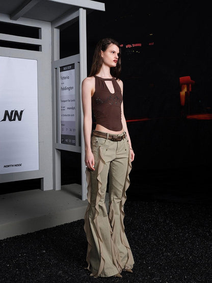 NORTH NODE Sheer Mesh Panel Hotfix Rhinestone Halter Neck Women&