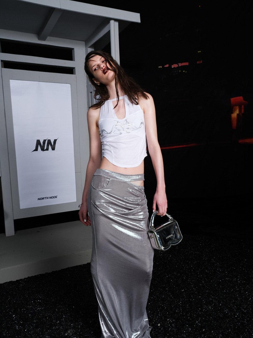 NORTH NODE Sheer Mesh Panel Hotfix Rhinestone Halter Neck Women&